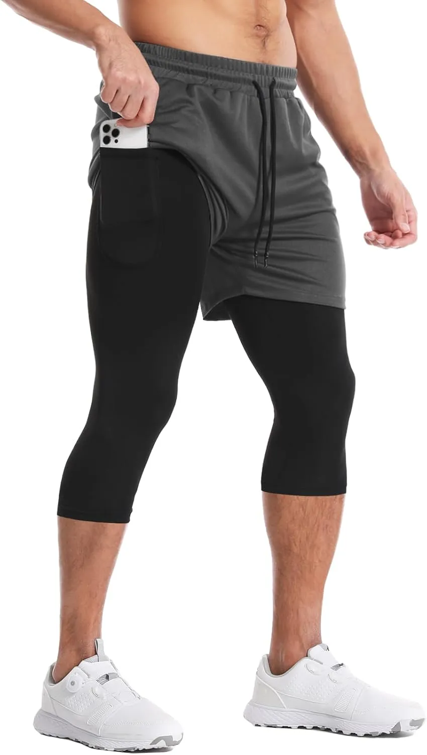 Aolesy Men's 2 in 1 Running Pants, Gym Workout Compression Pants for Men Training Athletic