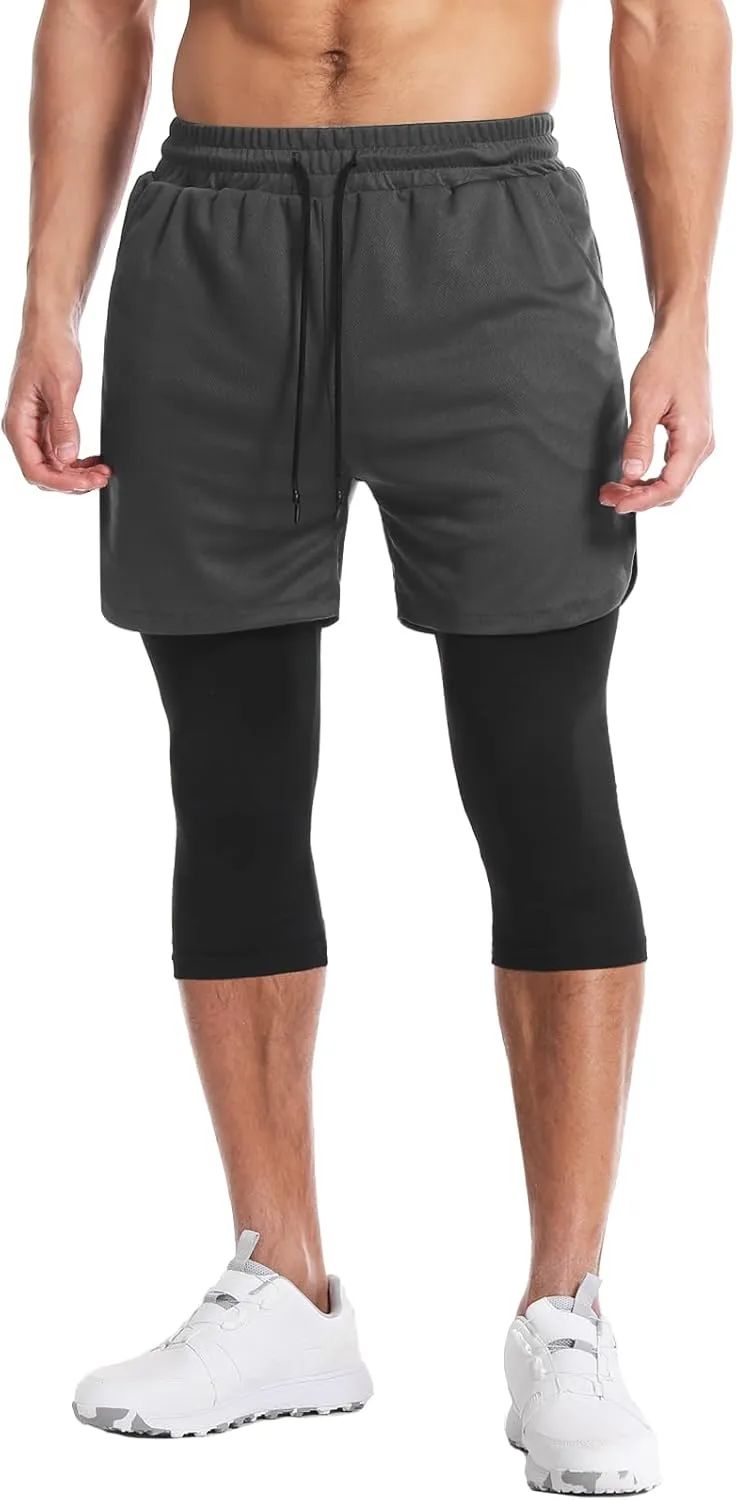 Aolesy Men's 2 in 1 Running Pants, Gym Workout Compression Pants for Men Training Athletic