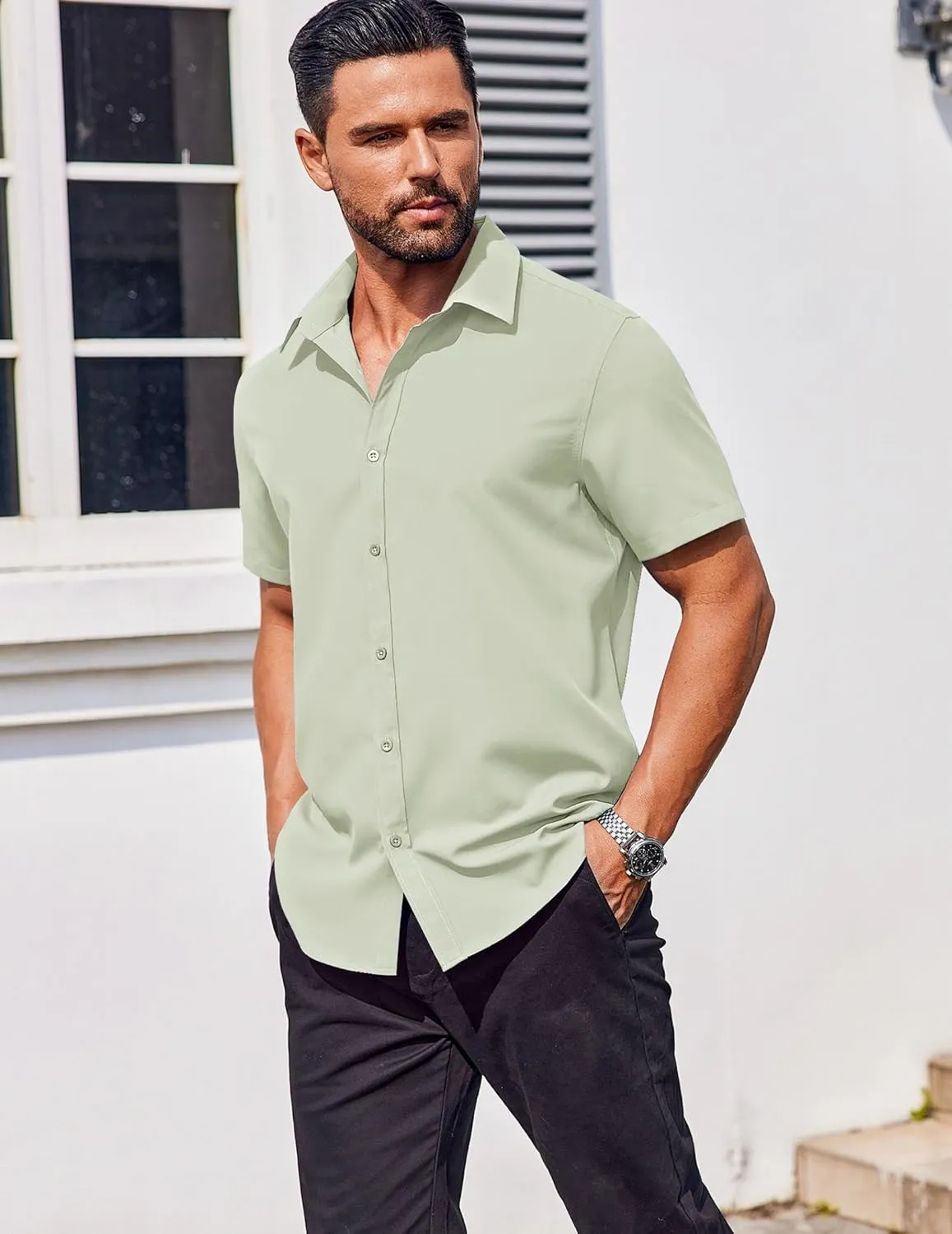 COOFANDY Men's Button Down Shirts Stain Shield Dress Shirts Short Sleeve Summer Business Casual Shirts