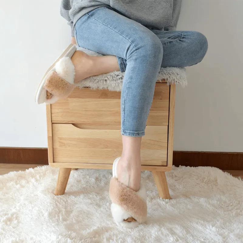 Cross Band Slippers – Soft Faux Fur Open Toe Slippers