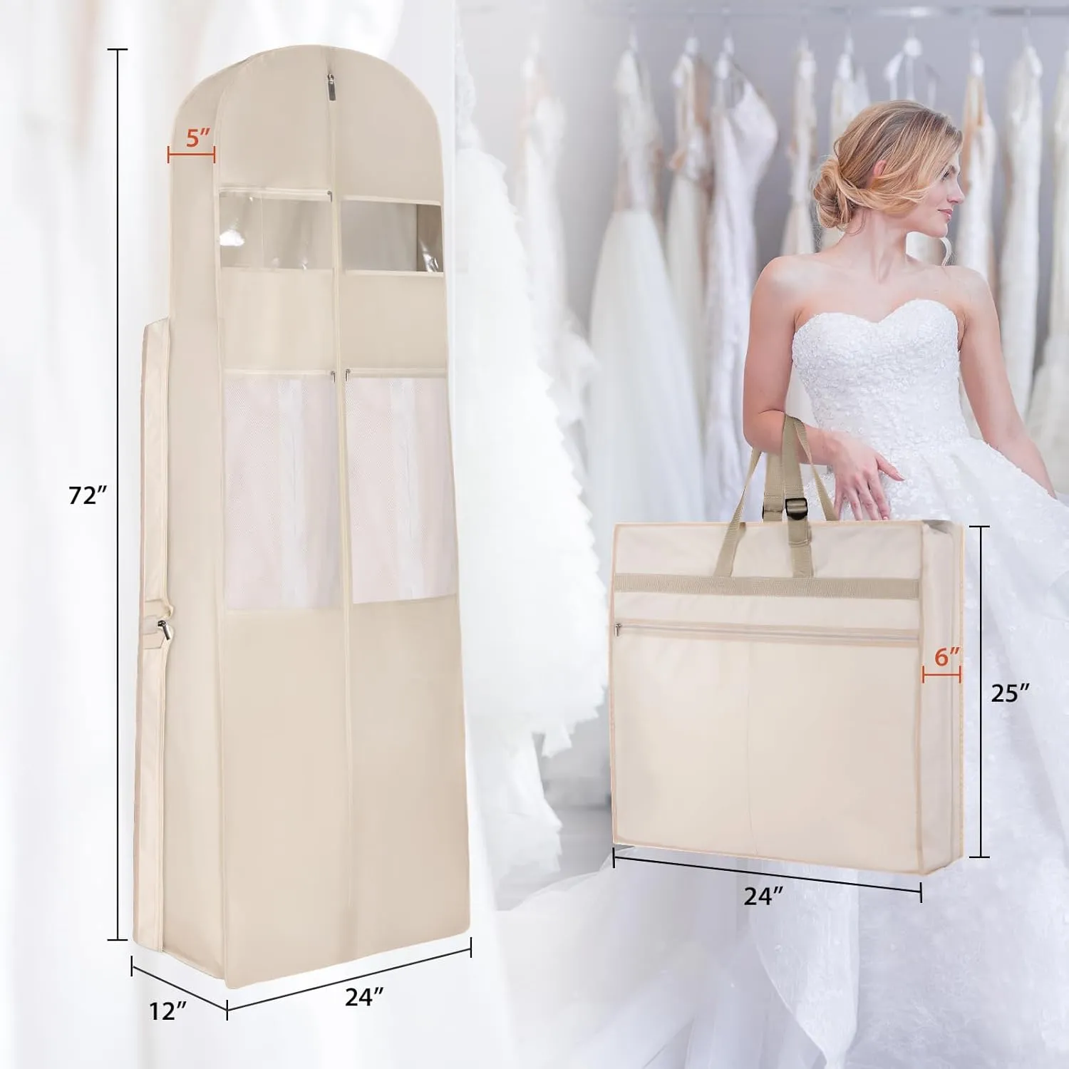 KEEGH Wedding Dress Garment Bag, 72?? Tri-fold Bridal Dress Bags for Gowns, With Accessory Pockets and Adjustable Buckle Dress Cover for Wedding/Prom/Travel/Closet Storage (Beige)