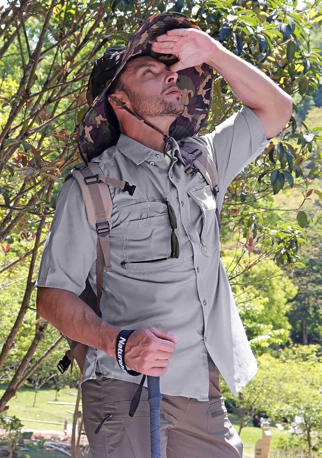 Men's Fishing Shirts with Zipper Pockets UPF 50  Lightweight Cool Short Sleeve Button Down Shirts for Men Casual Hiking