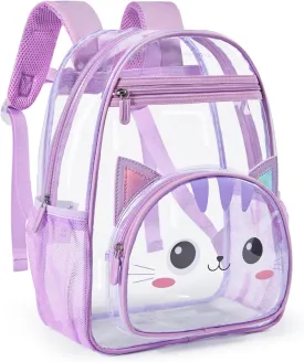 mommore Clear Backpack for Kids Cartoon Kitty Backpack for Girls 4-8 Water-Resistant See Through Cartoon Toddler Bookbag with Chest Strap for Preschool Kindergarten Travel, Purple