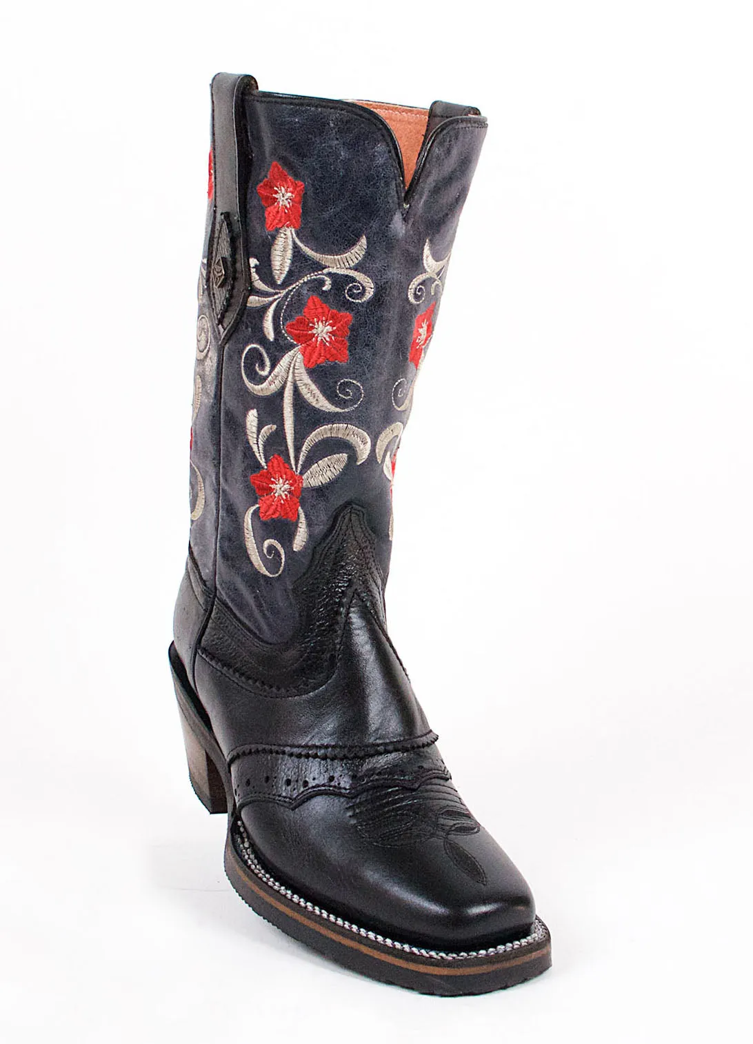 Quincy Boots Womens Crazy Leather Floral Black Rodeo Toe Western Boot