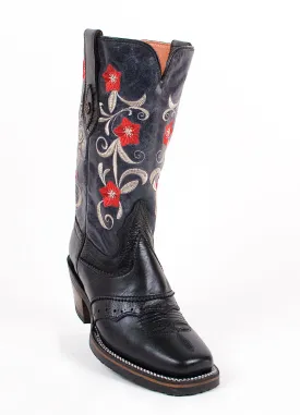 Quincy Boots Womens Crazy Leather Floral Black Rodeo Toe Western Boot