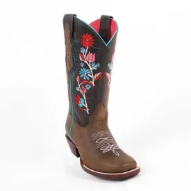 Quincy Boots Womens Volcano Leather Floral Shaft Chocolate/Cognac Round Toe Western Boot