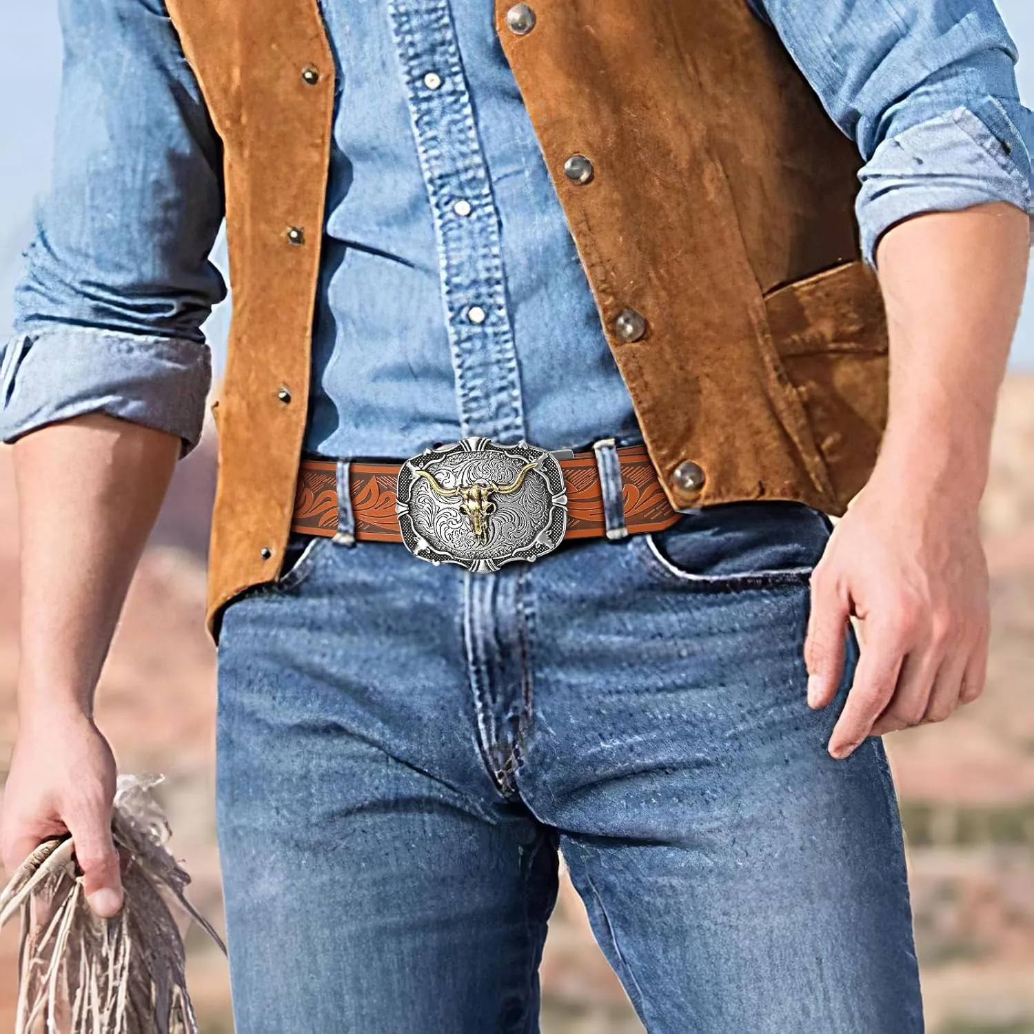 SANSTHS Ratchet Cowboy Belt, Western Ratchet Belts for Men Ratchet Western Belt with Automatic Cowboy Buckle