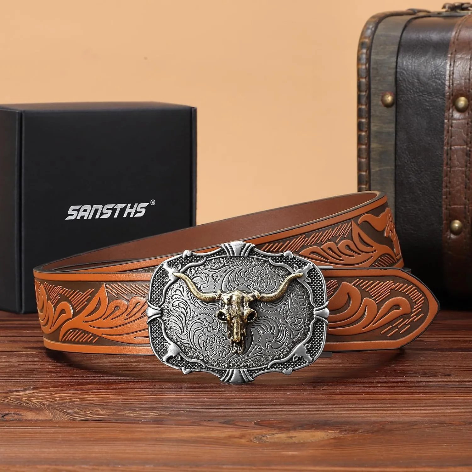 SANSTHS Ratchet Cowboy Belt, Western Ratchet Belts for Men Ratchet Western Belt with Automatic Cowboy Buckle