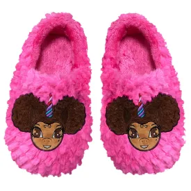 Signature Afro Puff Unicorn Hot Pink Plush Slipper - Light Brown with Brown Hair