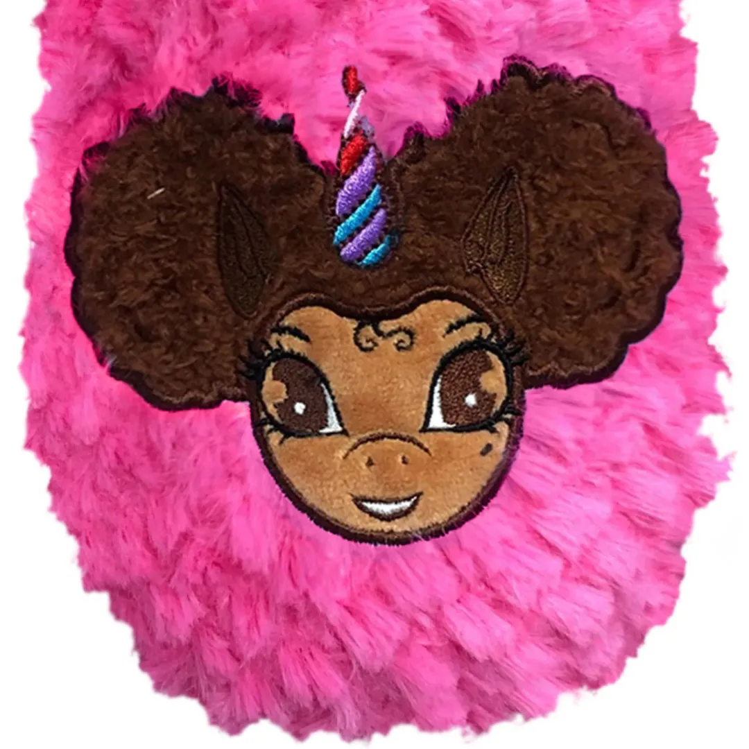 Signature Afro Puff Unicorn Hot Pink Plush Slipper - Light Brown with Brown Hair
