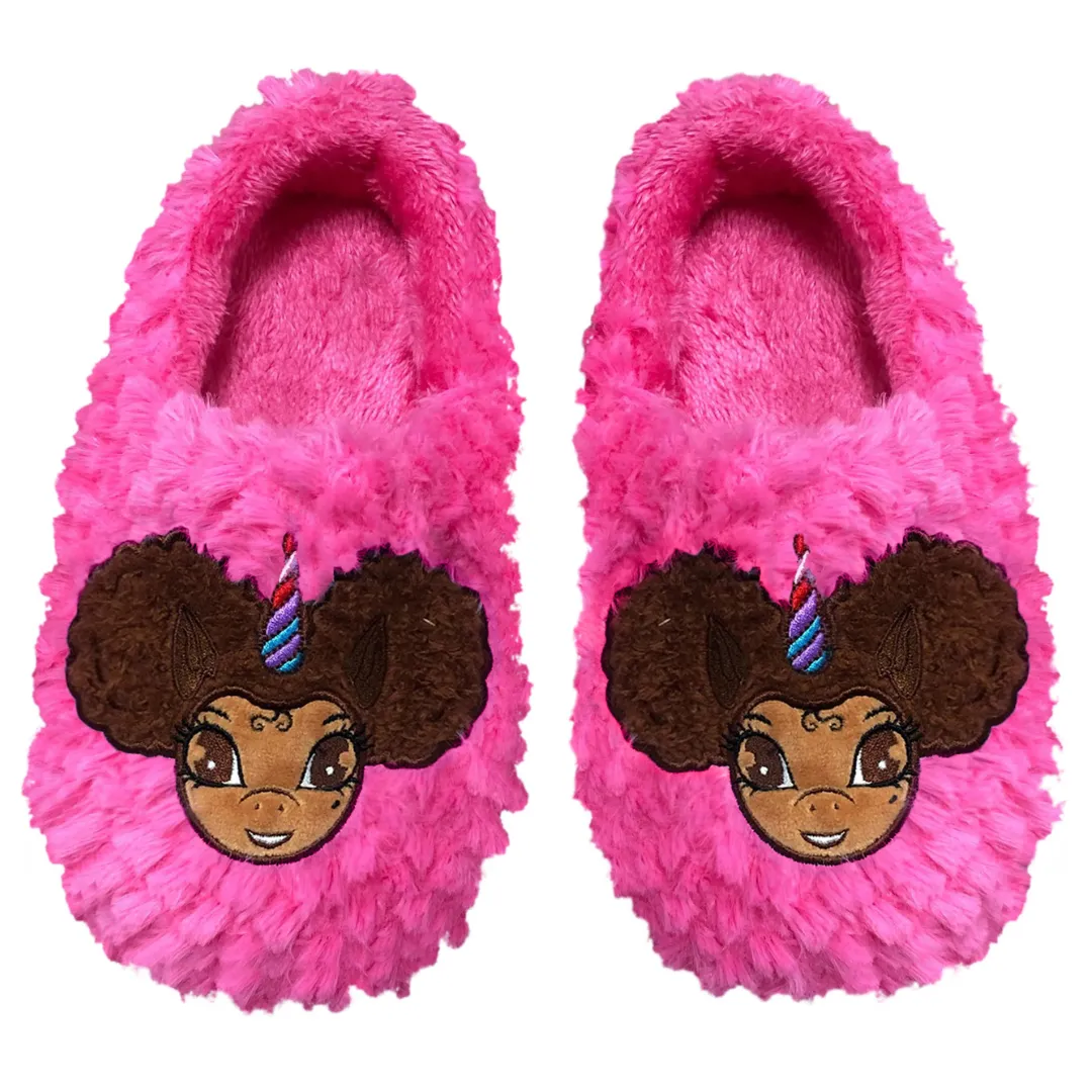 Signature Afro Puff Unicorn Hot Pink Plush Slipper - Light Brown with Brown Hair