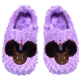 Signature Afro Puff Unicorn Princess Purple Plush Slipper - Dark Brown with Black Hair