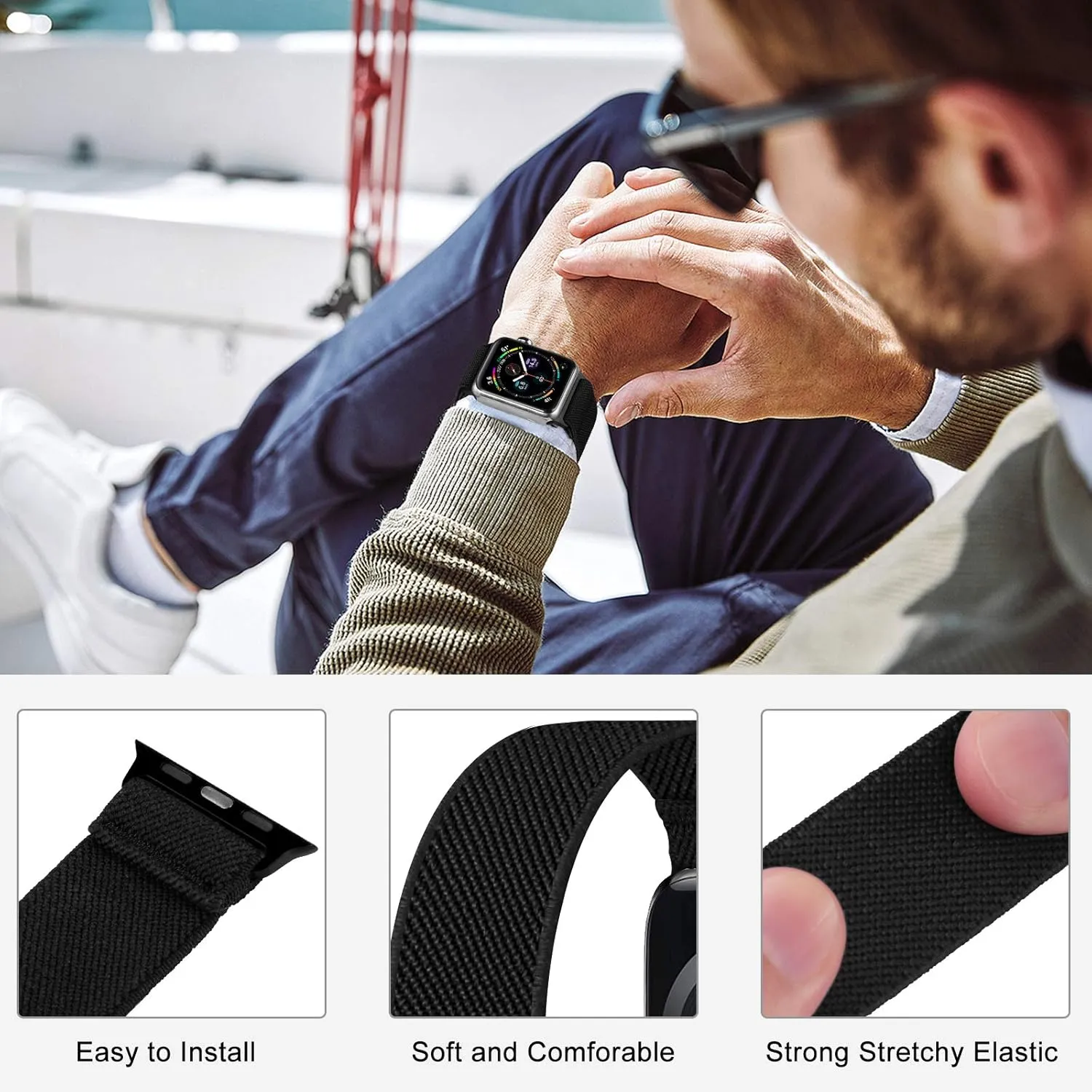Stretchy Nylon Solo Loop Bands Compatible with Apple Watch 38mm 40mm 41mm 42mm 44mm 45mm 46mm 49mm Ultra 2 iWatch Series 10 9 8 7 SE 6 5 4 3 2 1 Strap,Sport Elastic Braided Women Men