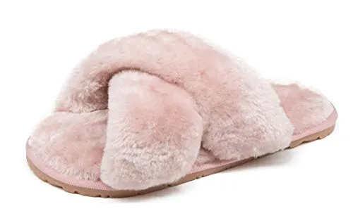Women's Fuzzy Cross Band House Slippers Soft Plush Furry Fur Open Toe Cozy Memory Foam Winter Warm Comfy Slip On Breathable Sandals Indoor Outdoor Slippers for Women and Girls (06/Pink, 7-8)