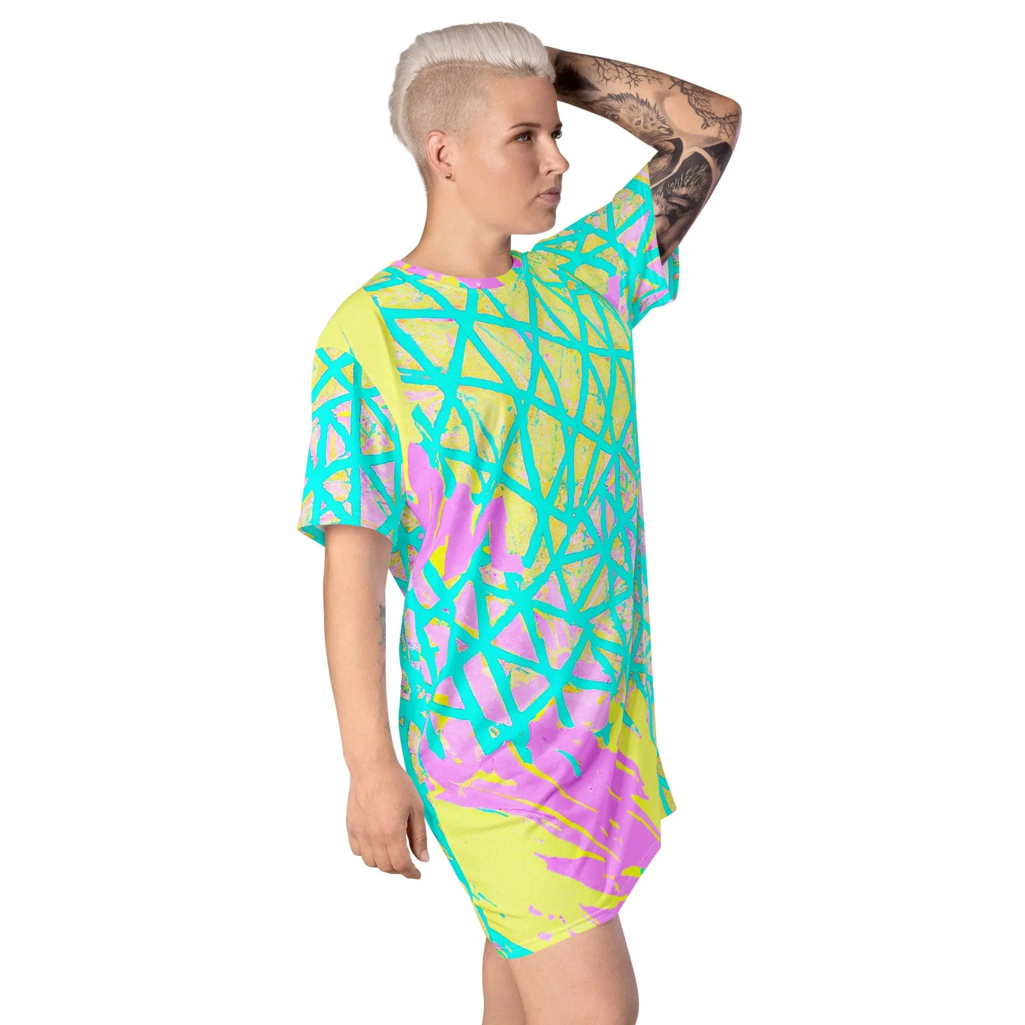 Womens Graphic T-shirt Dress - Cyan Blue Lime Green and Pink Pattern