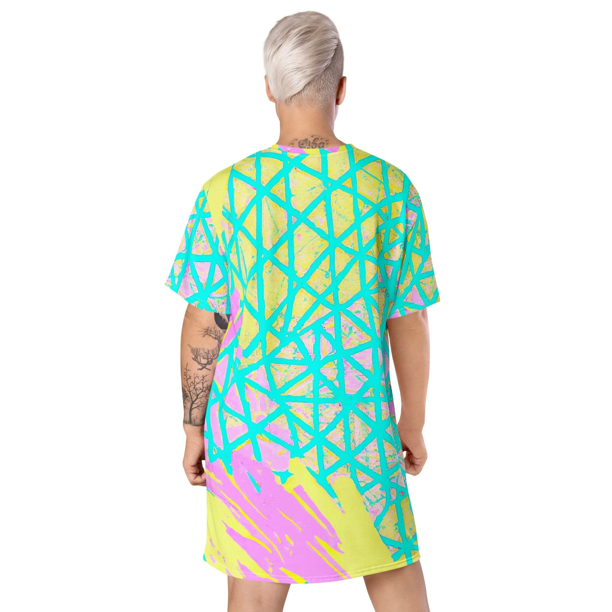 Womens Graphic T-shirt Dress - Cyan Blue Lime Green and Pink Pattern