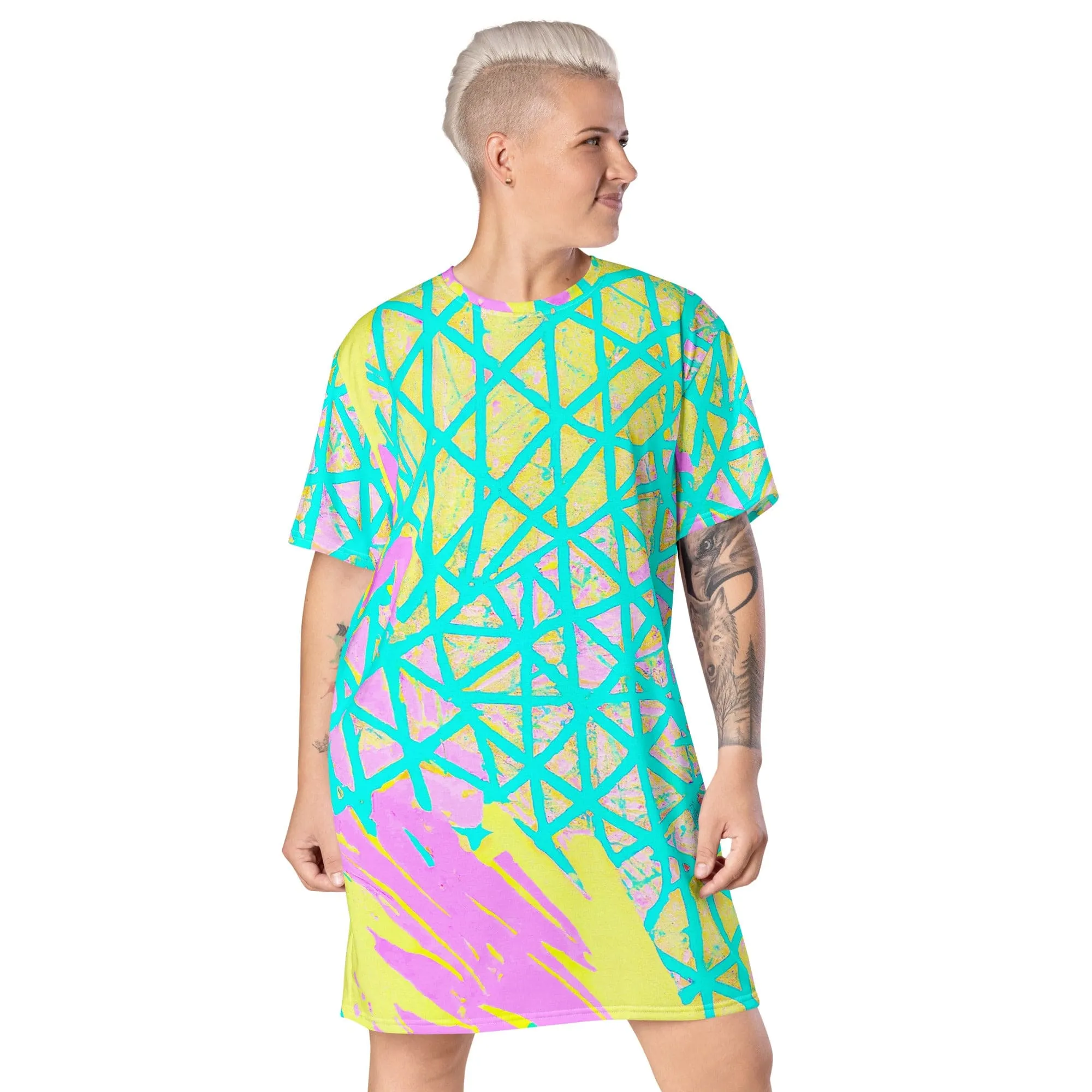 Womens Graphic T-shirt Dress - Cyan Blue Lime Green and Pink Pattern