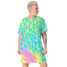 Womens Graphic T-shirt Dress - Cyan Blue Lime Green and Pink Pattern
