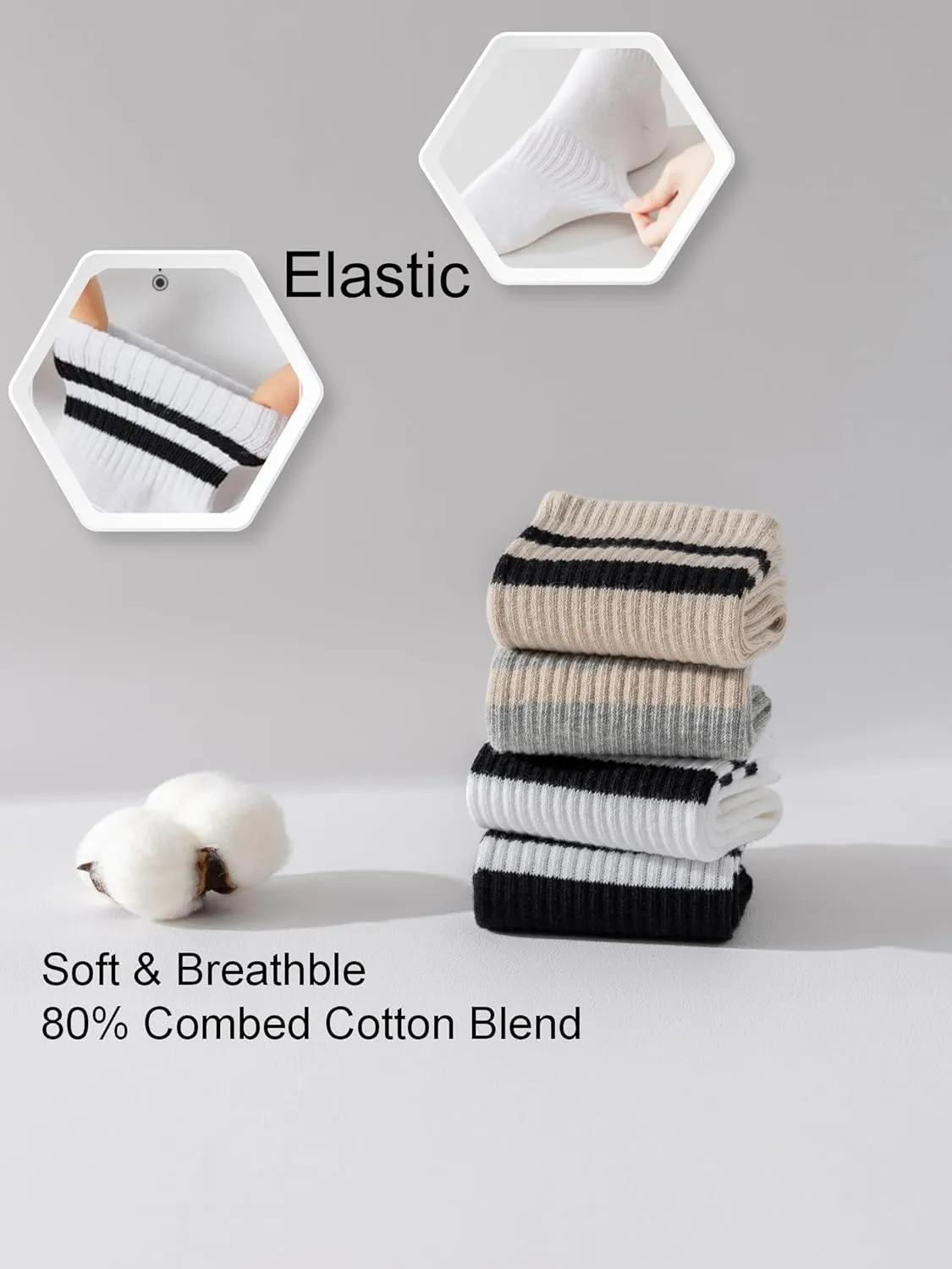 YUWELL Womens Striped Crew Socks, Cotton Cozy Casual Socks for Women 4 Pairs, Size 5-10