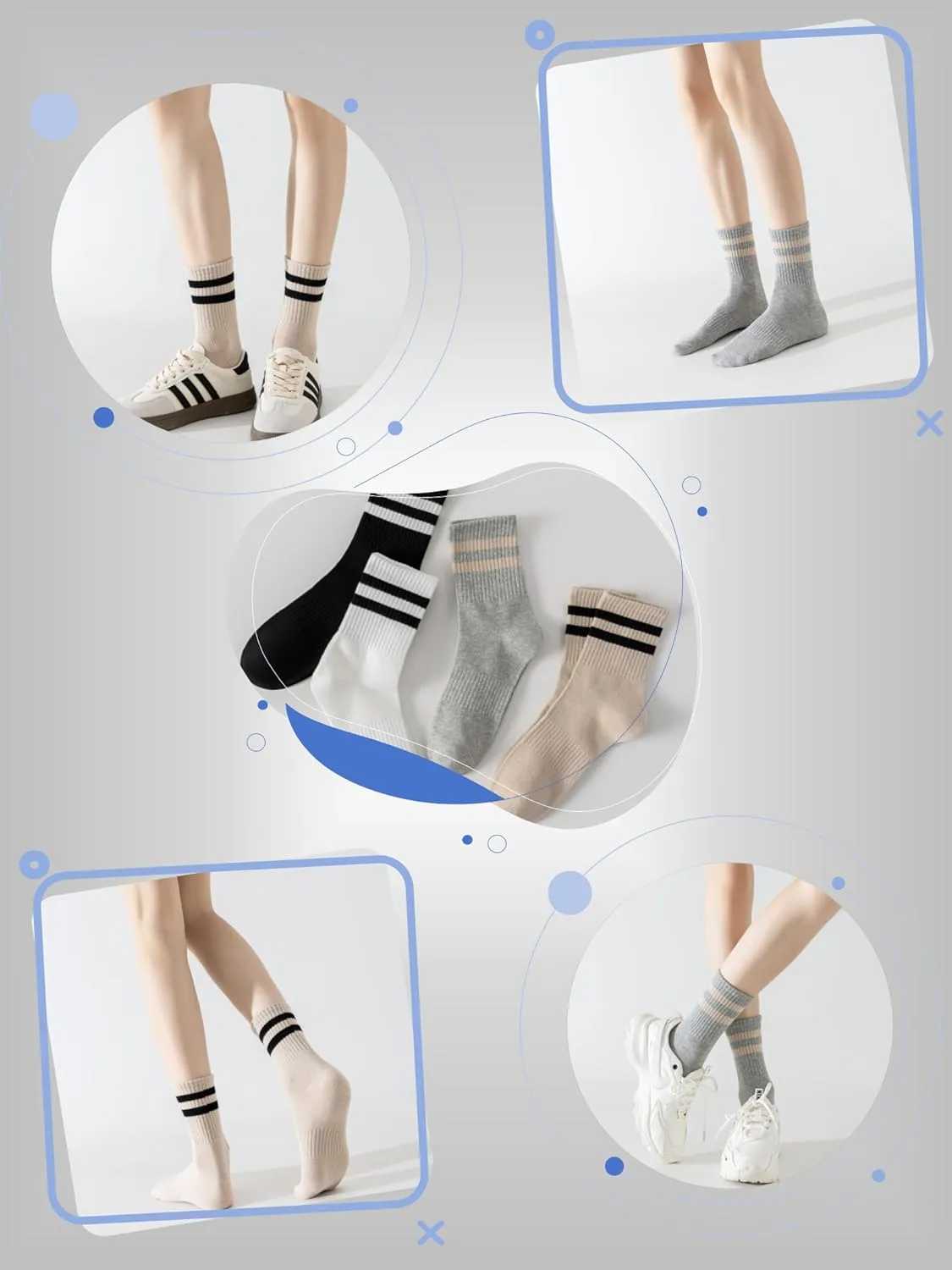 YUWELL Womens Striped Crew Socks, Cotton Cozy Casual Socks for Women 4 Pairs, Size 5-10